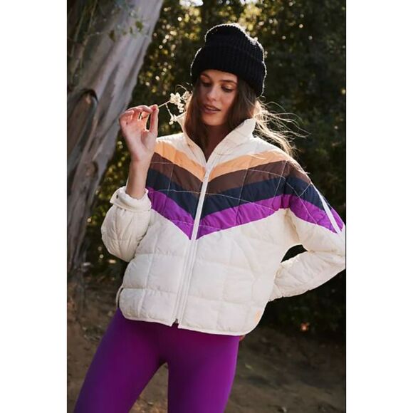 NWT FP Movement x Hatch Printed Puffer Jacket Sz L Ivory Chevron Combo Maternity - Picture 2 of 12